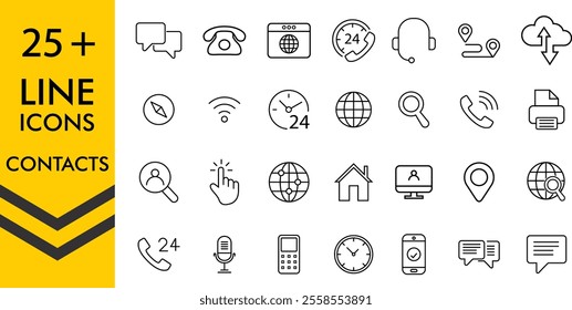 Contact icon set. line vector Editable stroke. Set contains such icons as Globe, Location, Feedback, Message, Support, Telephone, Mail. Small User Interface Line Icons symbol sign for apps and website