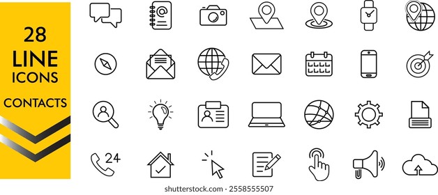 Contact icon set. line vector Editable stroke. Set contains such icons as Globe, Location, Feedback, Message, Support, Telephone, Mail. Small User Interface Line Icons symbol sign for apps and website