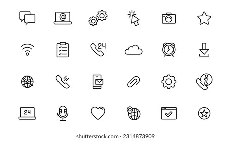 Symbol-Set kontaktieren. Dünne Linie Kontaktsymbole gesetzt. Kontaktsymbole - Telefon, Post, Fax, Infos, E-Mail, Support.Out Line Icon.
