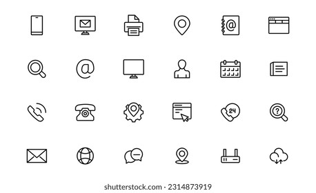 Symbol-Set kontaktieren. Dünne Linie Kontaktsymbole gesetzt. Kontaktsymbole - Telefon, Post, Fax, Infos, E-Mail, Support.Out Line Icon.
