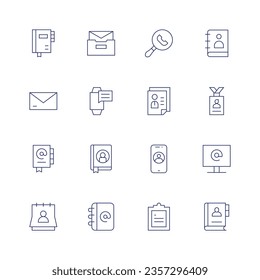 Contact icon set. Thin line icon. Editable stroke. Containing address book, curriculum, identity card, letter, mails, message, planner, search, agenda, phone contact, contact us, contact, contacts.