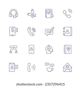 Juego de iconos de contacto. Icono de línea delgada. Trazo editable. Consta de auriculares, llamadas telefónicas, libreta de teléfonos, contacto, correo, formulario de contacto, centro de llamadas, smartphone, videocall, servicio al cliente, lista de contactos, llamada.
