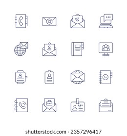 Contact icon set. Thin line icon. Editable stroke. Containing smartwatch, id card, mail, phonebook, phone book, hired, invitation, contact list, email, message, worldwide, cv, contacts, conference.