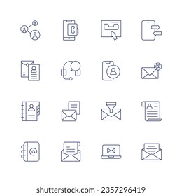 Contact icon set. Thin line icon. Editable stroke. Containing contacts, letter, contact book, contact, headphones, mail, book, filter, cv, email, invitation.