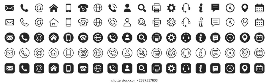 Juego de iconos de contacto. Línea fina Los iconos de contacto se establecen. Símbolos de contacto - Teléfono, correo, fax, información, soporte... vector