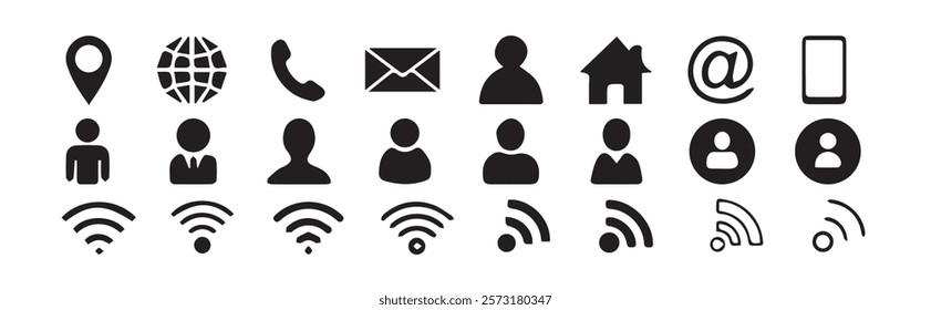 Contact icon set. Thin line Contact icons set. Contact symbols. Name, phone, mobile, place, location, mail, wifi, website and message card sign. vector illustration eps 10