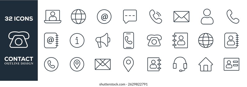 Contact icon set. Thin line Contact icons set. Contact symbols - Phone, mail, fax, info, Contains icons related to info, guide, information, instructions, more. Editable stroke. Vector illustration