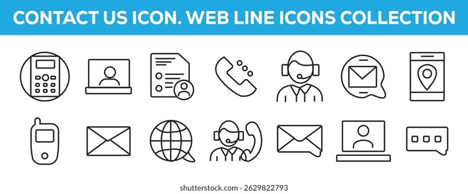 Contact icon set. Thin line Contact icons set. Contact symbols - Phone, mail, fax, info, Contains icons related to info, guide, information, instructions, more. Editable stroke. Vector illustration