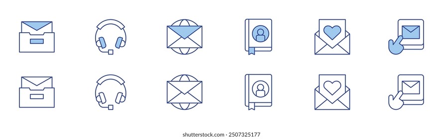 Conjunto de iconos de contacto en dos estilos, estilo Duotone y línea fina. Correos, auriculares, agenda, correo, contáctenos.