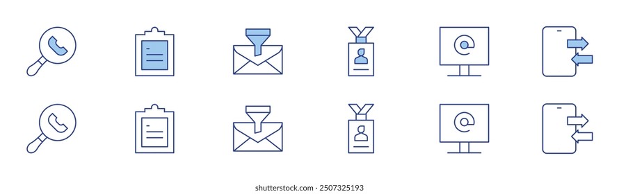 Contact icon set in two styles, Duotone and Thin Line style. Editable stroke. identity card, search, contact us, contact form, contact, filter.