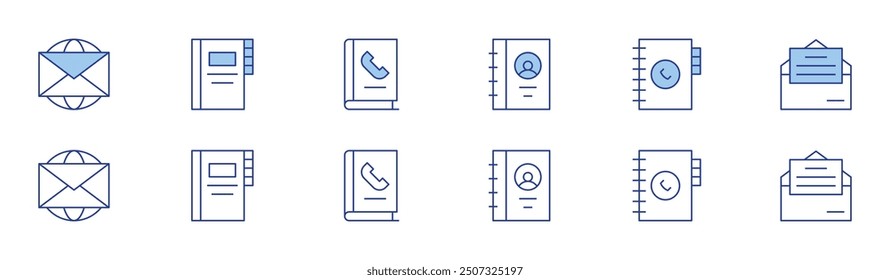 Contact icon set in two styles, Duotone and Thin Line style. Editable stroke. mail, contacts, phone book, contact list, phonebook, invitation.