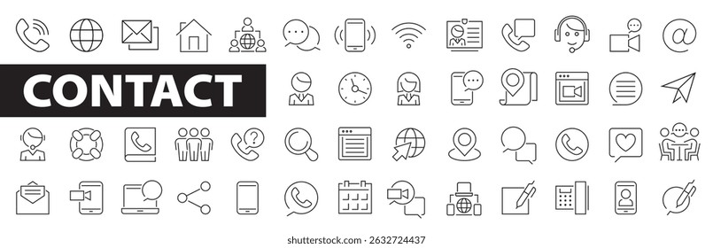 Contact icon set. Contact us icons. E-mail, phone, address, customer service, call, website, fax, clock, support and more. Editable stroke. Vector illustration