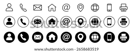 Contact icon set, contact us in line and solid style. Business card or website icons set address, location, number, fax, email, phone, website, message, name icon collection, communication contact