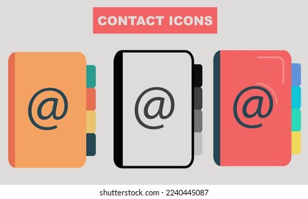 Juego de iconos de contacto. Contáctenos como icono de la libreta de teléfonos. La ilustración del libro está relacionada con la información de contacto de los símbolos comerciales. Vector editable para sitio web y aplicación. 