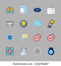 contact icon set. vector set about mailbox, lens, bionic contact lens and badge icons set.