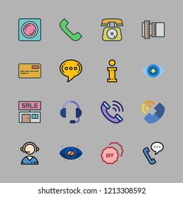 contact icon set. vector set about telephone, sale id, info and bionic contact lens icons set.