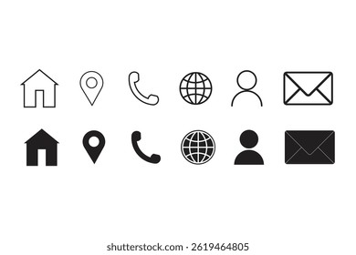 Contact icon set. Web icon set. Address, phone, email, location, home, web and user icon. Black and white color contact icon set.
