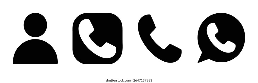 Contact Icon Silhouette Vector Set, A collection of 4 high-detail black vector icons featuring phone, and Contact, perfect for apps, websites, branding, and print materials