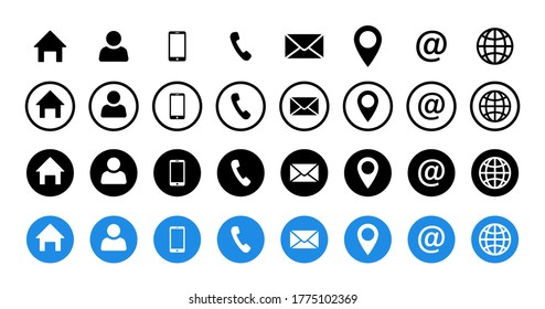 Contact icon. Vector isolated signs. Home, user, mobile phone, message, location, internet. Black vector isolated icon signs in circles. Stock vector. EPS 10