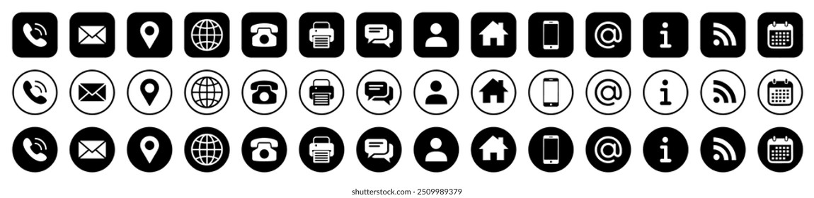 Contact icon vector set 2025. Phone, Call, Email, Address, Website, Fax, Mobile, Calendar, Chat icons. Social media icons 2025 