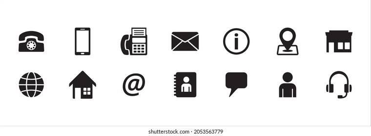 Contact icon vector set. Complete set of business card item icons. Vector stock icon design collection.