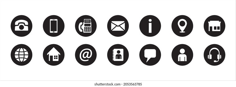 Kontaktieren Sie das Symbol Vektorset. Kompletter Satz von Visitenkarten-Objektsymbole. Kollektion von Vektorsymbol-Designs.