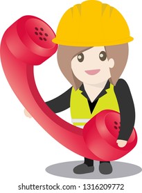 Contact icon for  website and application mobile, engineer woman with hard hat and security vest is answering the telephone