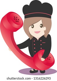 Contact icon for  website and application mobile, woman chef is answering the telephone