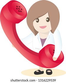 Contact icon for  website and application mobile, scientist woman is answering the telephone