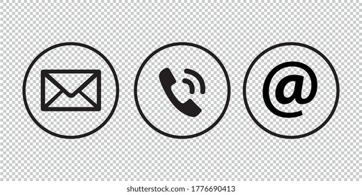 Contact icons in a circle set on checked transparent background. Retro phone, mail and at symbol Simple contact signs in flat style. Vector illustration. Eps 10 vector file.