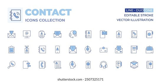 Contact icons collection. Line Duotone style, editable stroke. phone book, contact list, identity card, search, contact form, customer service, spam, phone, cv, videocall, contact.