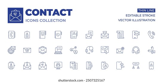 Contact icons collection. Thin Line icons, editable stroke. smartwatch, mail, email, message, worldwide, cv, conference, contacts, letter, contact book, contact, headphones.