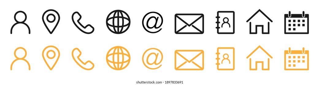 Contact icons collection. Contact us set in outline style. Avatar, location, phone and website symbol.  Mail envelope and calendar sign. Contact collection. Vector illustration. EPS 10