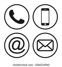 Contact icons. Communication icon. Contact buttons. email, envelope, phone, mobile phone, smartphone.