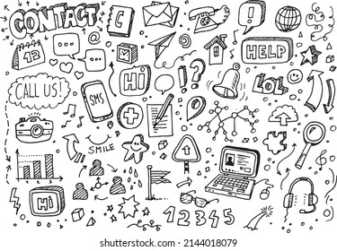 Juego de doodles de iconos de contacto, ilustración vectorial aislada en fondo blanco, dibujo a mano
