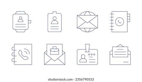 Contact icons. Editable stroke. Containing smartwatch, id card, mail, phonebook, phone book, hired, invitation.