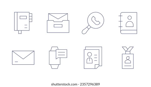 Contact icons. Editable stroke. Containing planner, mails, search, address book, letter, message, curriculum, identity card.