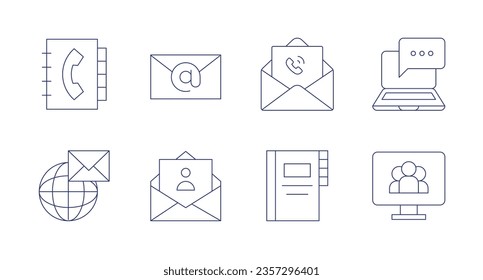Contact icons. Editable stroke. Containing contact list, email, message, worldwide, cv, contacts, conference.