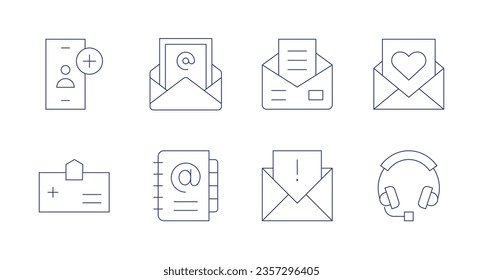 Contact icons. Editable stroke. Containing add friend, email, invitation, mail, medical, agenda, spam, headphone.