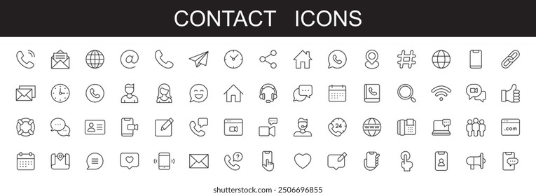 Contact icons. editable stroke line icons . vector illustration on white background chat, support, message, phone, home, business