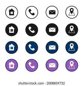 Contact icons. information business communication symbols collection. call internet location, address, mail and fax icons. phone icons, email contact illustration.