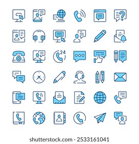 Ícones de contato. Símbolos de contorno. Conjunto de ícones de linha azul vetorial