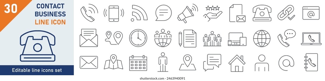 Contact icons Pixel perfect. Contact icon set. Set of 30 outline icons related to contact, email, phone, address. Linear icon collection. Editable stroke. Vector illustration.