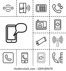 Contact icons. set of 13 editable outline contact icons such as desk phone, call, hand on smartphone, phone call, atom interaction, intercom