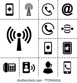 Contact icons. set of 13 editable filled contact icons such as call, hand on smartphone, phone call, atom interaction, support, at mail, home on phone display