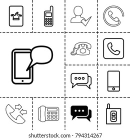 Contact icons. set of 13 editable outline contact icons such as chat, poker on phone, phone, call, intercom