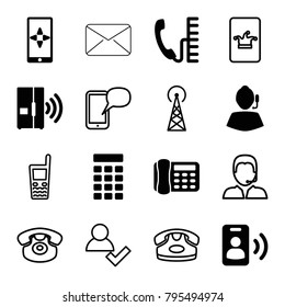 Contact icons. set of 16 editable filled and outline contact icons such as signal tower, support, intercom, call, phone, desk phone, poker on phone, add user