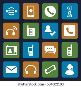 contact icons set. Set of 16 contact filled icons such as signal tower, mail, headset, old phone, call, phone, intercom, chat, support, atom interaction