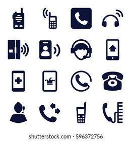 contact icons set. Set of 16 contact filled icons such as call, Poker on phone, old phone, operator, desk phone, intercom, headset, walkie talkie