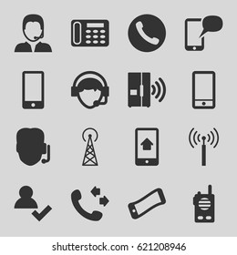 Contact icons set. set of 16 contact filled icons such as signal tower, desk phone, call, phone, operator, support, intercom, walkie talkie